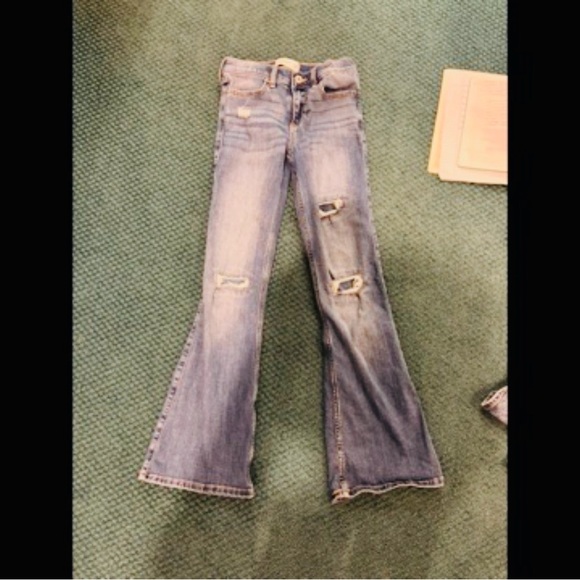 abercrombie kids Denim - ABERCROMBIE Kids Light Blue Distressed High Rise Flare Jeans, Size 9/10